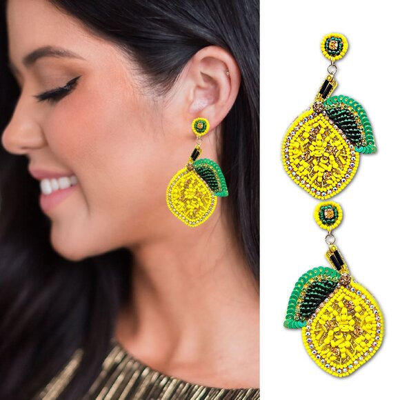 LEMON Fruit Seed Beaded Rhinestone Sparkle Yellow Artisan Made Etsy Earrings NEW - Picture 1 of 3